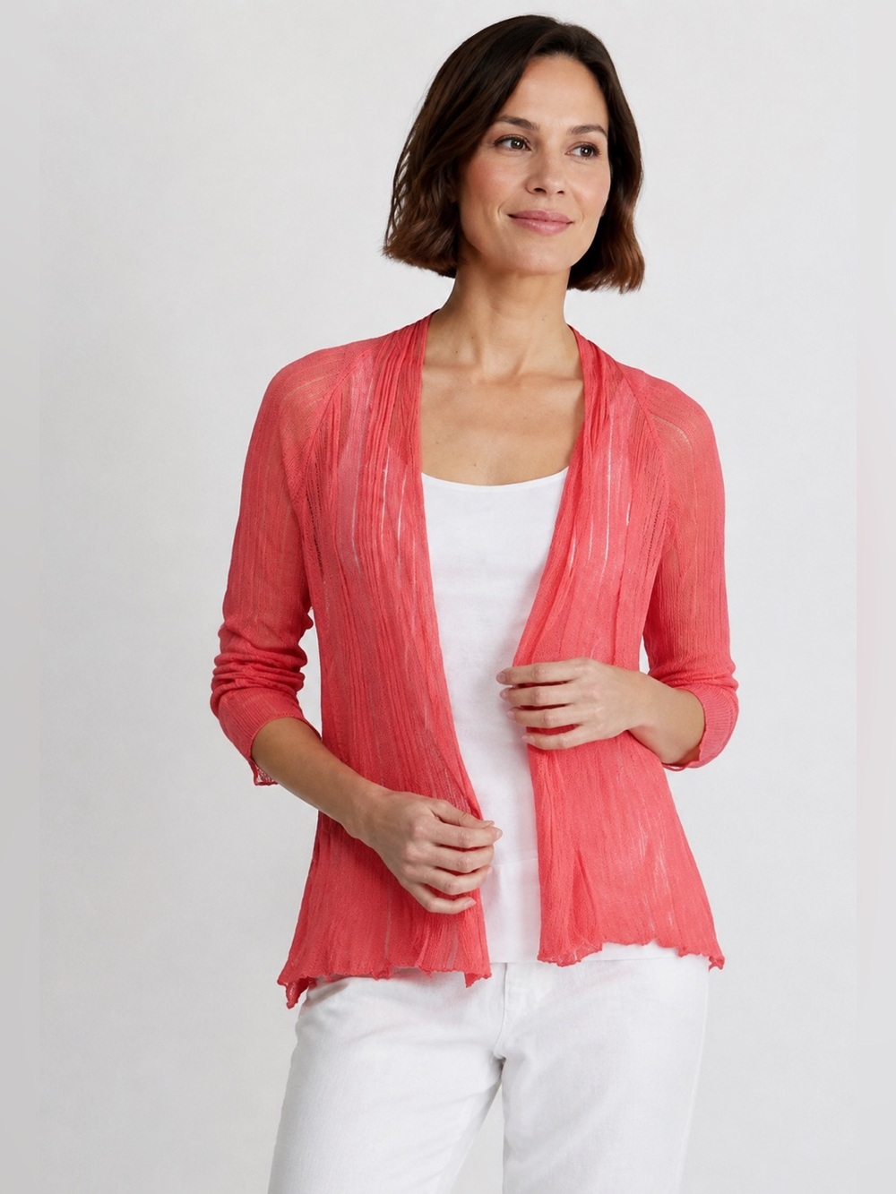 Eileen Fisher Women's PL Coral Linen Silk Open Front Cardigan Textured